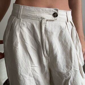 Cream Pleated Linen Trousers